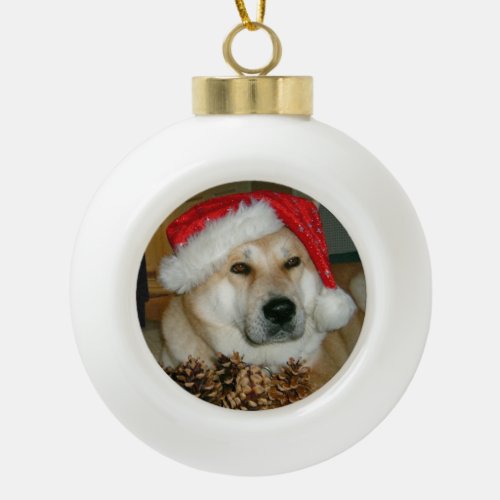 cute akita dog dressed for christmas  ceramic ball christmas ornament