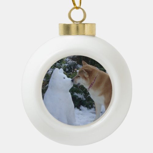 cute akita dog kissing snowdog ceramic ball christmas ornament