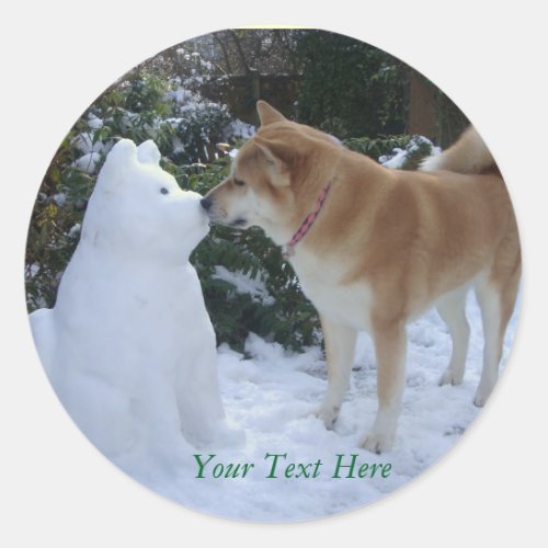 cute akita dog kissing snowman dog classic round sticker