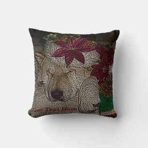 Cute akita dog with santa hat asleep at christmas throw pillow