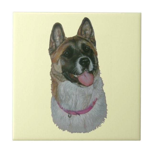 cute akita in pink collor realist dog portrait art tile (Front)