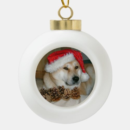 Cute akita in red santa hat with christmas cones ceramic ball christmas ornament