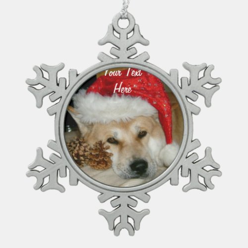 Cute akita in red santa hat with christmas cones snowflake pewter christmas ornament