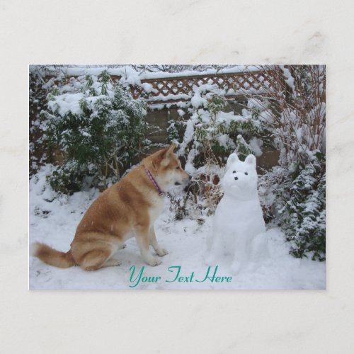 cute akita in snow with a snowman akita christmas postcard