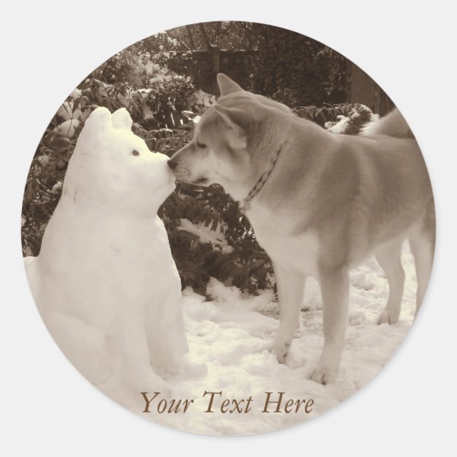 cute akita kissing snowman akita photo christmas classic round sticker (Front)