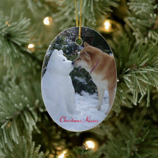 cute akita kissing snowman akita seasonal ceramic ornament (Tree)