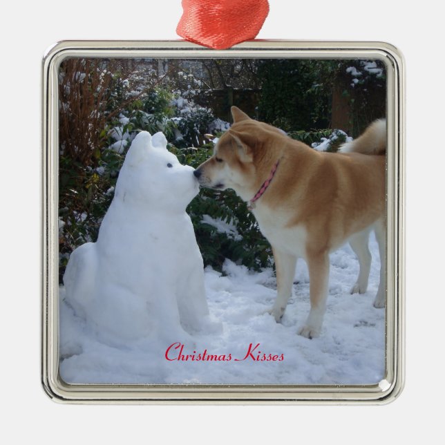 cute akita kissing snowman akita seasonal metal ornament (Front)