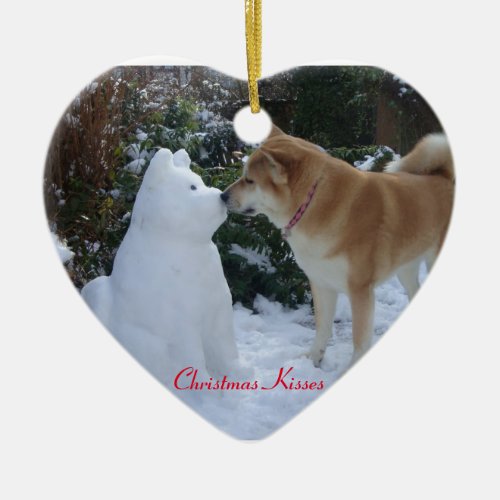 cute akita kissing snowman akita seasonal photo ceramic ornament