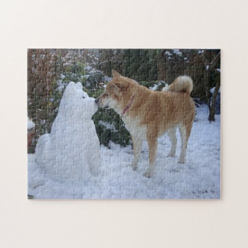 cute akita kissing snowman cut dog picture jigsaw puzzle