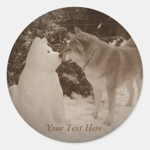 cute akita kissing snowman snow dog at christmas classic round sticker