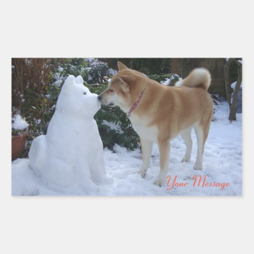 cute akita kissing snowman snow dog at christmas rectangular sticker