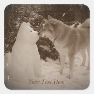 cute akita kissing snowman snow dog at christmas square sticker