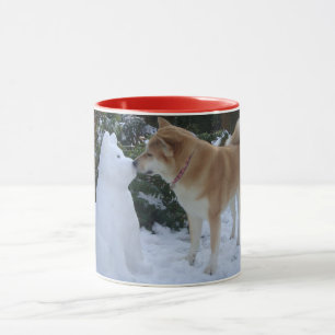 cute akita kissing snowman snow dog mug