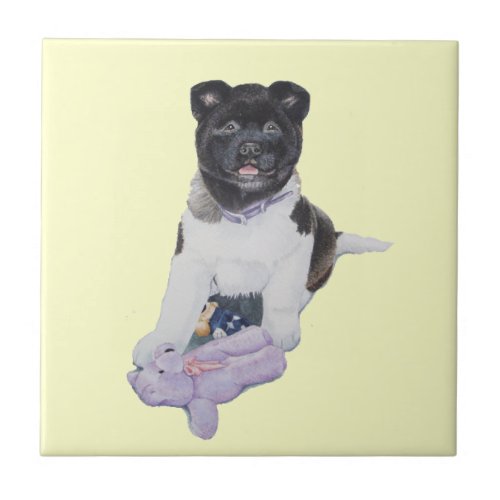 cute akita puppy black white dog with teddy art ceramic tile