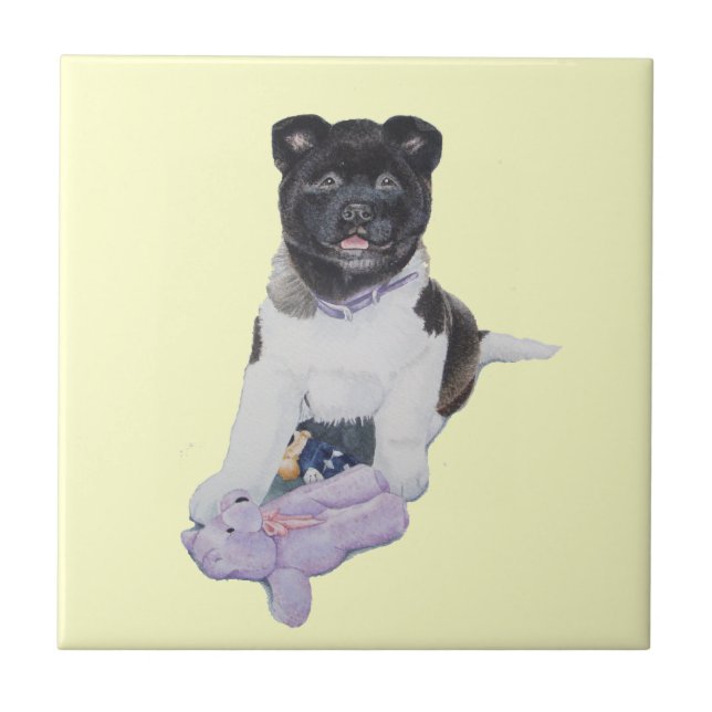 cute akita puppy black white dog with teddy art ceramic tile (Front)