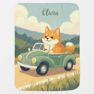 Cute Akita Puppy Driving Car Pastel Cartoon Baby Blanket