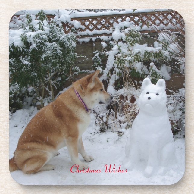 cute akita sitting with snowman in the snow dog beverage coaster (Front)