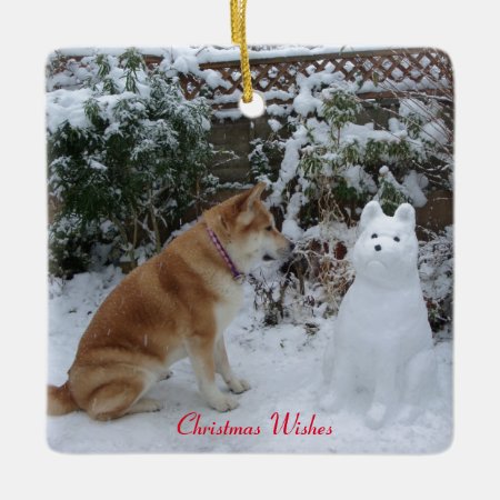 Cute Akita Sitting With Snowman Snow Dog Ceramic Ornament