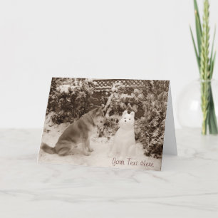cute akita sitting with snowman snow dog christmas card
