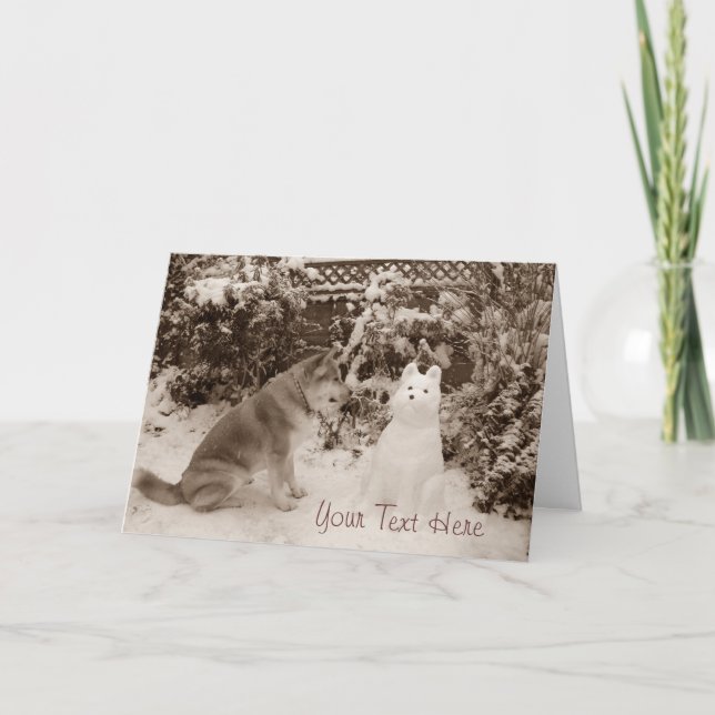 cute akita sitting with snowman snow dog christmas holiday card (Front)