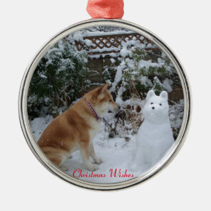cute akita sitting with snowman snow dog metal ornament