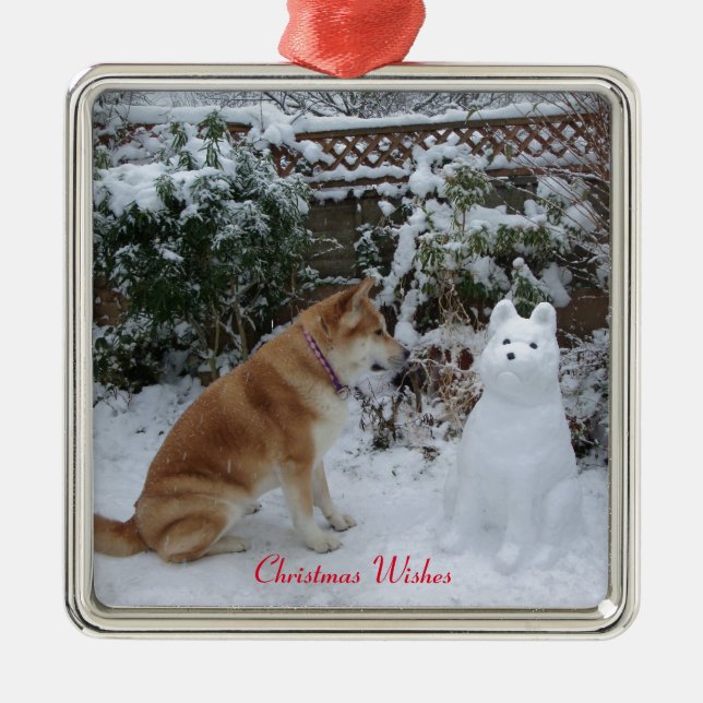 cute akita sitting with snowman snow dog metal ornament (Front)