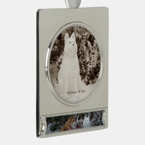 cute akita sitting with snowman snow dog silver plated banner ornament