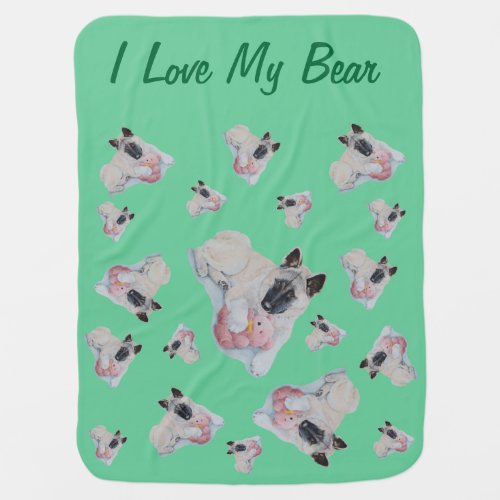 cute akita with pink teddy bear and slogan for dog stroller blanket