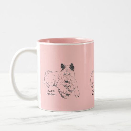 Cute akita with pink teddy bear art Two_Tone coffee mug