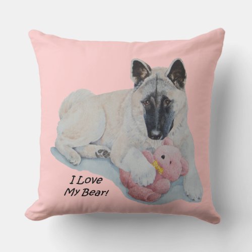 cute akita with pink teddy picture black faced dog throw pillow