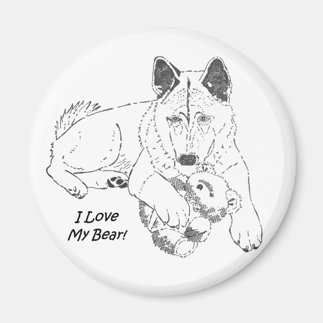 Cute akita with teddy bear dog portrait art magnet (Front)