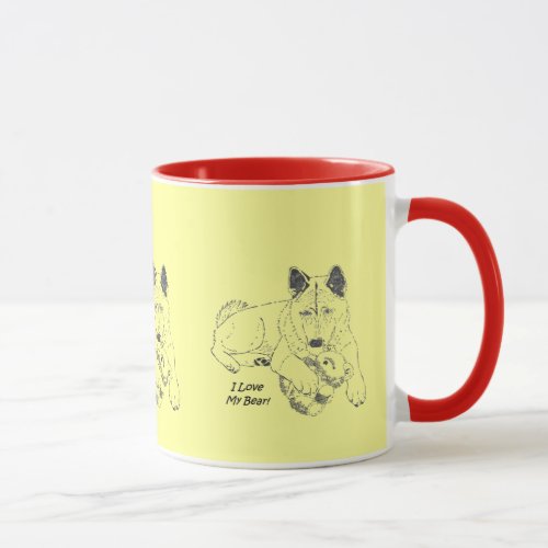 cute akita with teddy picture black faced dog mug