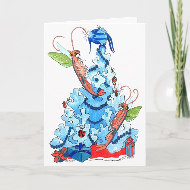 Cute Alaskan Fairy Shrimp and Tree Christmas Card (Front)