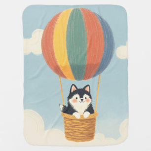 Cute Alaskan Malamute Puppy Hot Air Balloon Pastel Baby Blanket