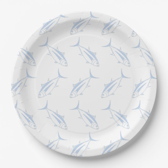 Cute Albacore Tuna Fish in Pastel Blue and White Paper Plates (Front)