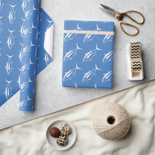 Cute Albacore Tuna Fish in White on Aegean Blue Wrapping Paper