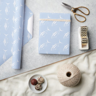 Cute Albacore Tuna Fish in White on Pastel Blue Wrapping Paper