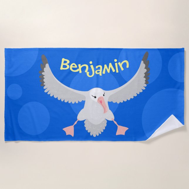 Cute albatross bird flying cartoon illustration beach towel (Front)
