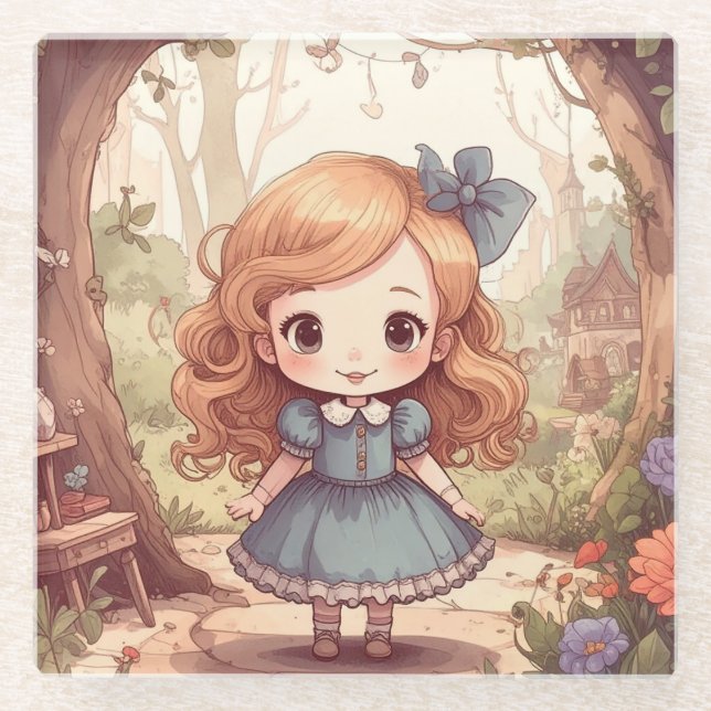 Cute Alice Adventures Wonderland Woodland Art Glass Coaster (Front)