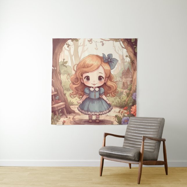 Cute Alice Adventures Wonderland Woodland Art Tapestry (In Situ)