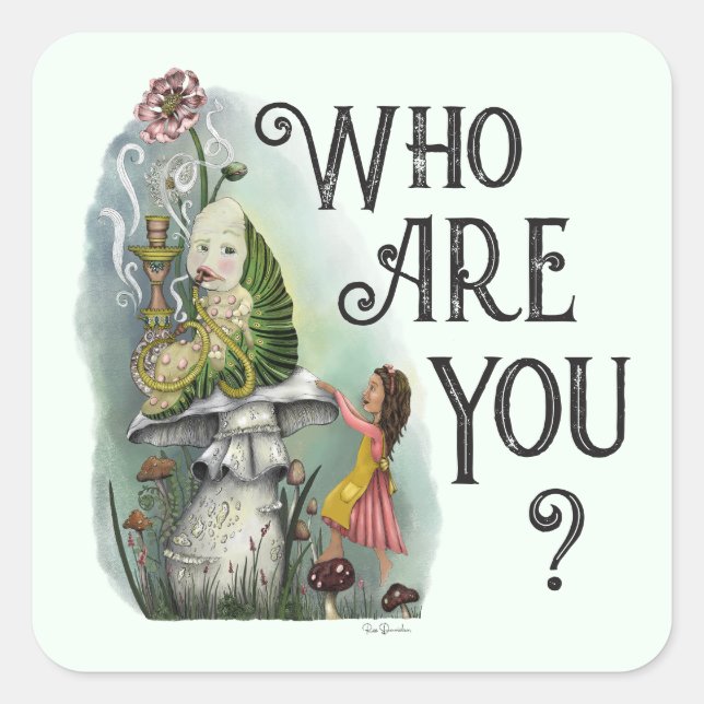 Cute Alice in Wonderland and the Caterpillar Art Square Sticker (Front)