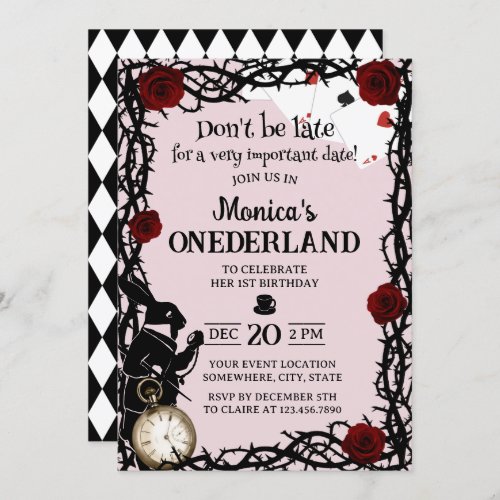 Cute Alice in Wonderland Girl 1st Birthday Pink Invitation