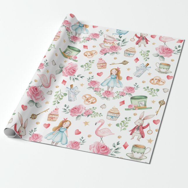 Cute Alice in Wonderland Mad Hatter Tea Party Wrapping Paper (Unrolled)