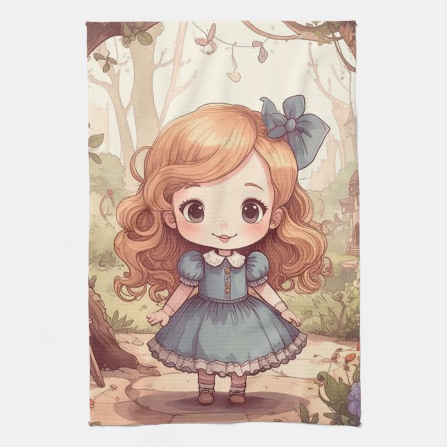 Cute Alice in Wonderland Whimsical Woodland Art Kitchen Towel (Vertical)