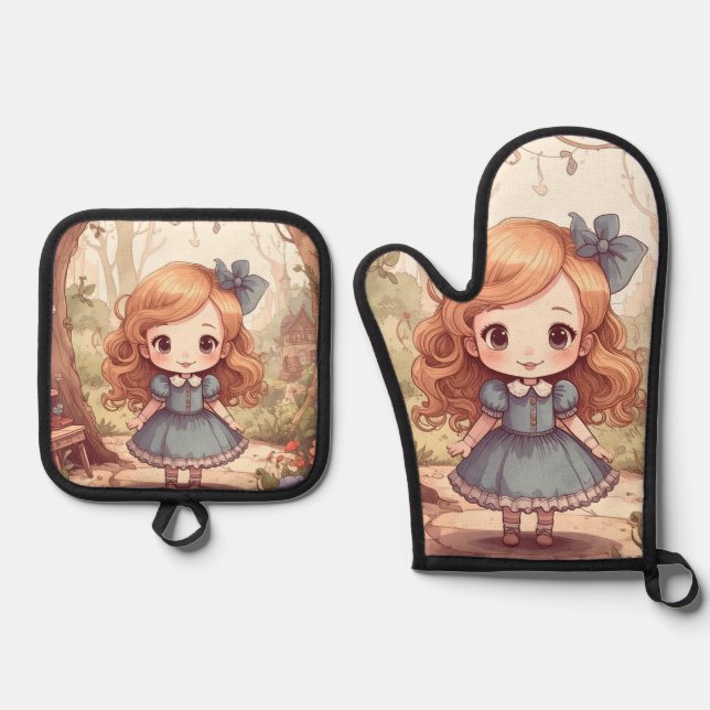 Cute Alice in Wonderland Whimsical Woodland Art Oven Mitt & Pot Holder Set (Front)