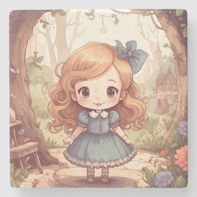 Cute Alice in Wonderland Whimsical Woodland Art Stone Coaster (Front)