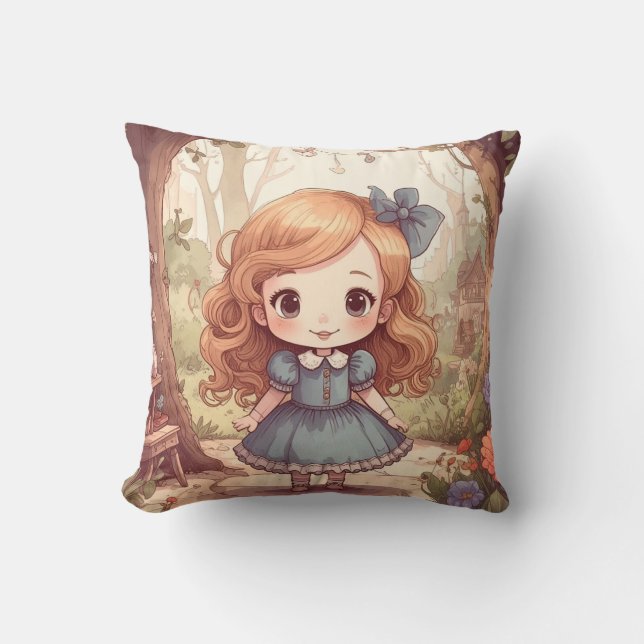 Cute Alice in Wonderland Whimsical Woodland Art Throw Pillow (Front)