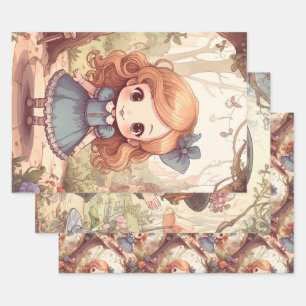 Cute Alice in Wonderland Whimsical Woodland Art Wrapping Paper Sheets