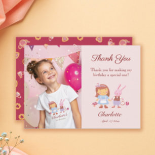 Cute Alice Rabbit Kids Pink Birthday Photo Thank You Card