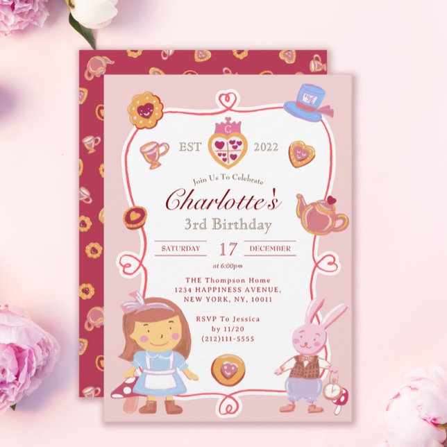 Cute Alice' Tea Party Pink Birthday Invitation (Creator Uploaded)